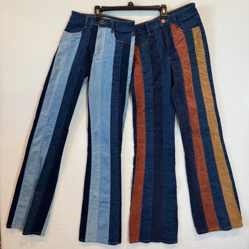 2 pair Altar'd State Patchwork Flare Jeans Corduroy Striped Retro Denim Size 24